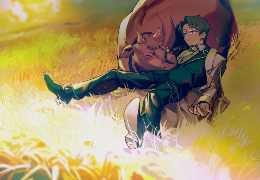 1boy, black_jacket, black_shoes, coat, collared_shirt, cow, dongrang_(project_moon), field