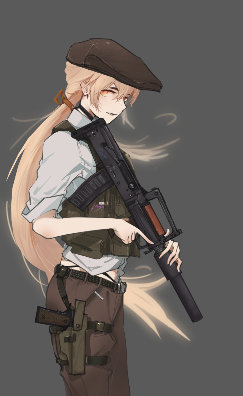 1girl, ajin_(sakurai_gamon), assault_rifle, black_choker, black_panties, blonde_hair, brown_pants, bulletproof_vest, bullpup, chinese_commentary, choker, collared_shirt, commentary_request, commission, cosplay, flat_cap, from_side, girls'_frontline, grey_background, gun, handgun, hat, highleg, highleg_panties, highres, holding, holding_gun, holding_weapon, holster, long_hair, looking_at_viewer, m1911, michaeliadalto9, orange_eyes, ots-14_(girls'_frontline), ots-14_groza, panties, pants, parted_lips, ponytail, rifle, satou_(ajin), satou_(ajin)_(cosplay), second-party_source, shirt, simple_background, solo, suppressor, thigh_holster, trigger_discipline, underwear, vest, weapon, white_shirt