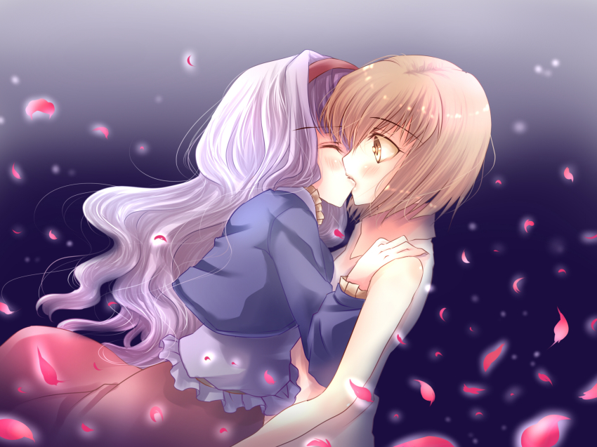 2girls, bare_shoulders, brown_eyes, brown_hair, dress, closed_eyes, french_kiss, hagiwara_yukiho, hairband, highres, idolmaster, idolmaster_(classic), kiss, long_hair, multiple_girls, petals, shijou_takane, short_hair, silver_hair, yuri, yurine