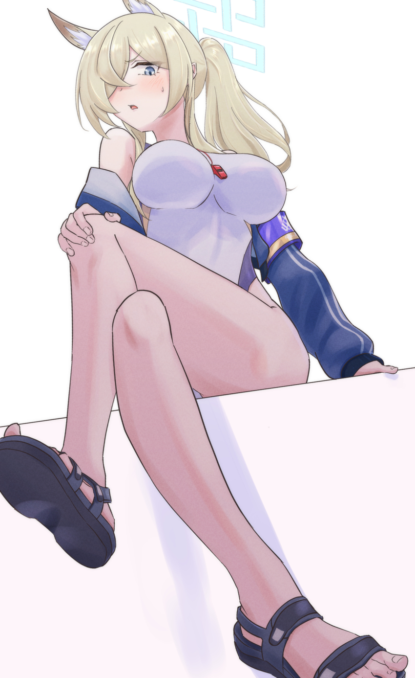 1girl, animal_ear_fluff, animal_ears, blonde_hair, blue_archive, blue_eyes, blue_halo, blush, breasts, commentary, competition_swimsuit, crossed_legs, dog_ears, from_below, hair_over_one_eye, halo, highres, jacket, kanna_(blue_archive), kanna_(swimsuit)_(blue_archive), large_breasts, long_hair, looking_at_another, official_alternate_costume, one-piece_swimsuit, ponytail, reitowikan, sandals, solo, sweatdrop, swimsuit, teeth, underboob, whistle, whistle_around_neck, white_one-piece_swimsuit