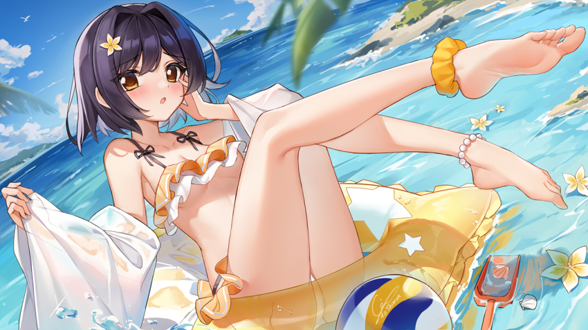 1girl, :o, afloat, ankle_scrunchie, anklet, ball, bare_legs, bare_shoulders