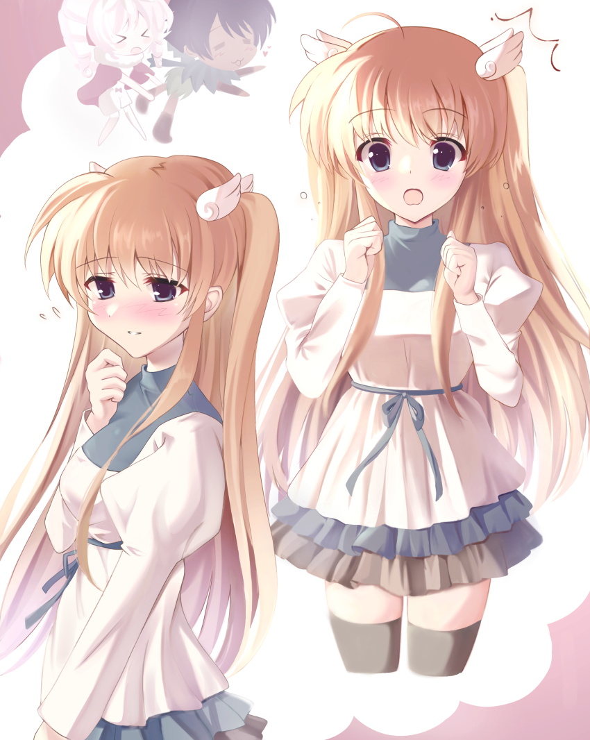 >_<, 1girl, :o, =_=, ^^^, absurdres, ahoge, black_thighhighs, blue_eyes, blush, clenched_hands, commentary_request, cowboy_shot, dress, flying_sweatdrops, gil_(rewrite), hair_ornament, hands_up, haruka_(haruk26a), highres, juliet_sleeves, long_hair, long_sleeves, looking_at_viewer, looking_down, multiple_views, nose_blush, ootori_chihaya, open_mouth, orange_hair, pani_(rewrite), parted_lips, petticoat, puffy_sleeves, rewrite, school_uniform, short_dress, shy, simple_background, straight_hair, surprised, thighhighs, two_side_up, very_long_hair, white_background, white_dress, wing_hair_ornament, zettai_ryouiki