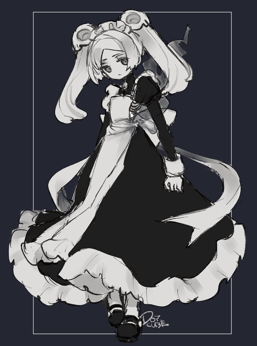 1girl, absurdres, apron, black_background, bloody_marie_(skullgirls), brooch, dotcube, dress