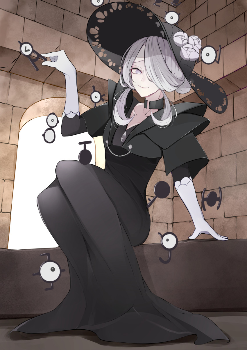 1girl, absurdres, black_choker, black_dress, black_eyes, black_hat, choker, closed_mouth