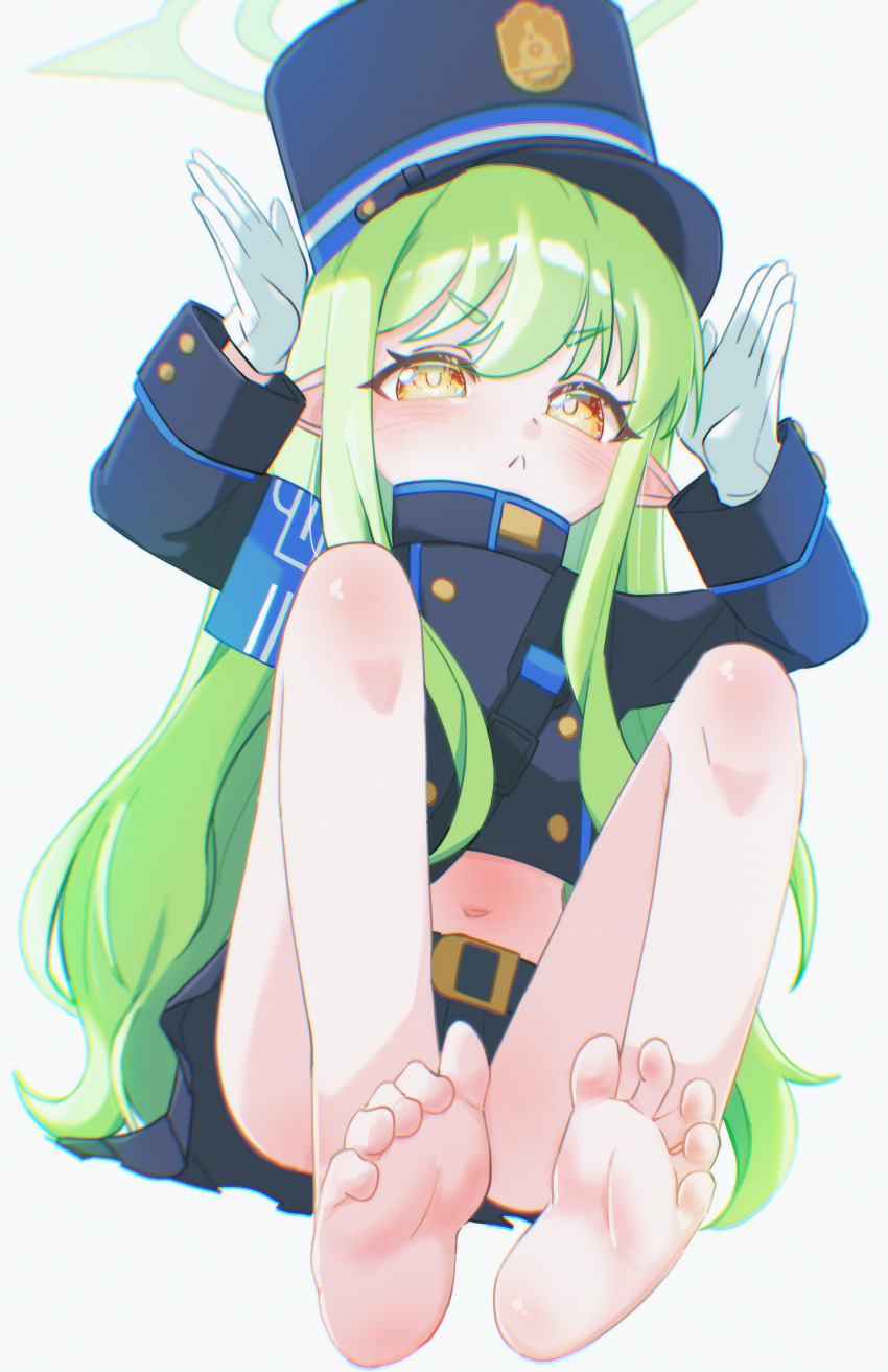1girl, absurdres, barefoot, blue_archive, demon_girl, feet, foot_focus, foreshortening, gloves, green_hair, halo, highres, hikari_(blue_archive), looking_at_viewer, navel, notkuriimu, pointy_ears, soles, solo, tail, toes, train_conductor