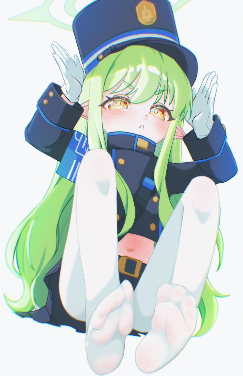 1girl, absurdres, blue_archive, demon_girl, feet, gloves, green_hair, halo