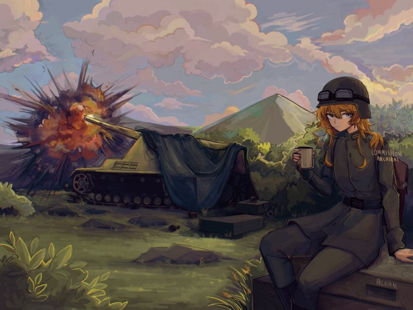 1girl, archirai, artillery, black_pants, blonde_hair, blue_eyes, blue_sky, brown_jacket, caterpillar_tracks, cloud, collared_jacket, combat_helmet, crate, cup, explosion, expressionless, firing, goggles, goggles_on_headwear, grass, helmet, highres, holding, holding_cup, jacket, light_frown, long_hair, long_sleeves, looking_at_viewer, military, military_combat_uniform, military_uniform, military_vehicle, motor_vehicle, mountain, outdoors, pants, sdkfz_165_hummel, self-propelled_artillery, sidelocks, sitting, sky, solo, tank, tanya_degurechaff, vehicle_request, world_war_ii, youjo_senki