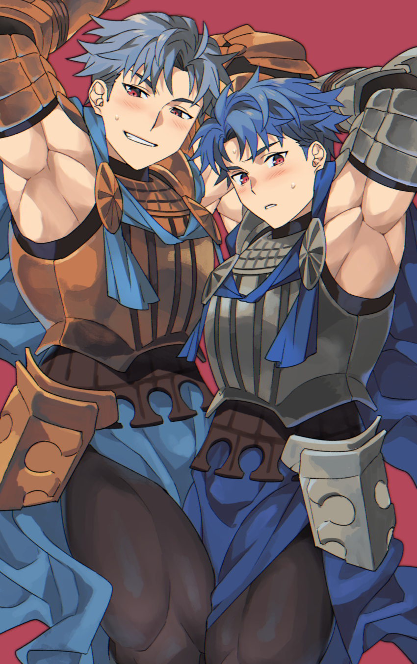 2boys, alain_(unicorn_overlord), arm_up, armor, armpits, blue_hair, blush, breastplate, bulge, cape, gerard_(unicorn_overlord), grandfather_and_grandson, grin, highres, looking_at_viewer, male_focus, multiple_boys, muscular, muscular_legs, muscular_male, red_background, red_eyes, sagami_jon, simple_background, smile, thighs, unicorn_overlord