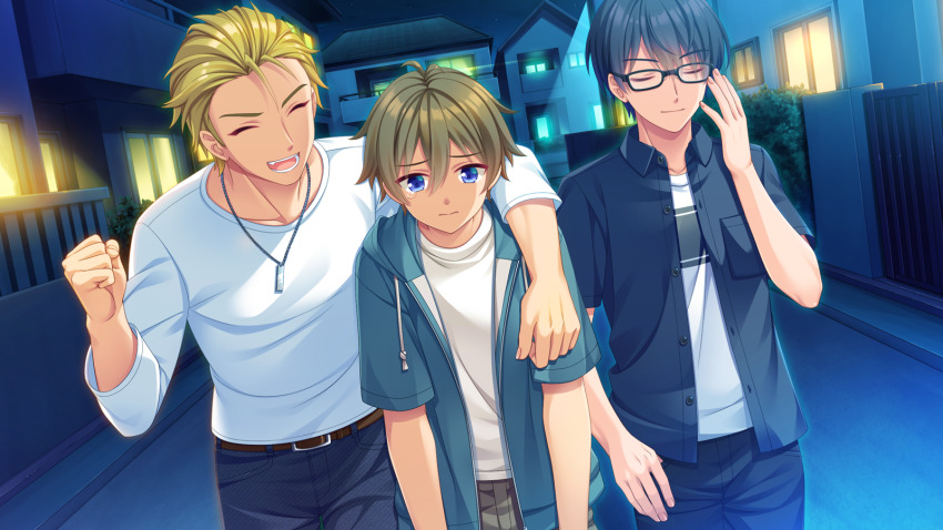3boys, :d, ^_^, adjusting_eyewear, antenna_hair, arm_at_side, arms_around_neck, artist_request, black_shirt, blue_eyes, cityscape, clenched_hand, closed_eyes, closed_mouth, collared_shirt, cowboy_shot, doujima_taiga, dress_shirt, dutch_angle, fang, frown, hair_between_eyes, hair_slicked_back, hand_up, haruka_kanata_(koibana_ren'ai), highres, jewelry, kanda_kousei, koibana_ren'ai, long_sleeves, male_focus, multiple_boys, necklace, night, open_clothes, open_mouth, open_shirt, outdoors, sad, shirt, short_hair, smile, spiked_hair, tears, teeth, thick_eyebrows, tsurime, v-shaped_eyebrows, white_shirt