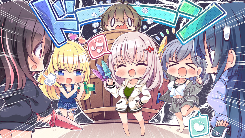 >_<, 1boy, 5girls, :d, ^_^, adachi_chii, antenna_hair, black_hair