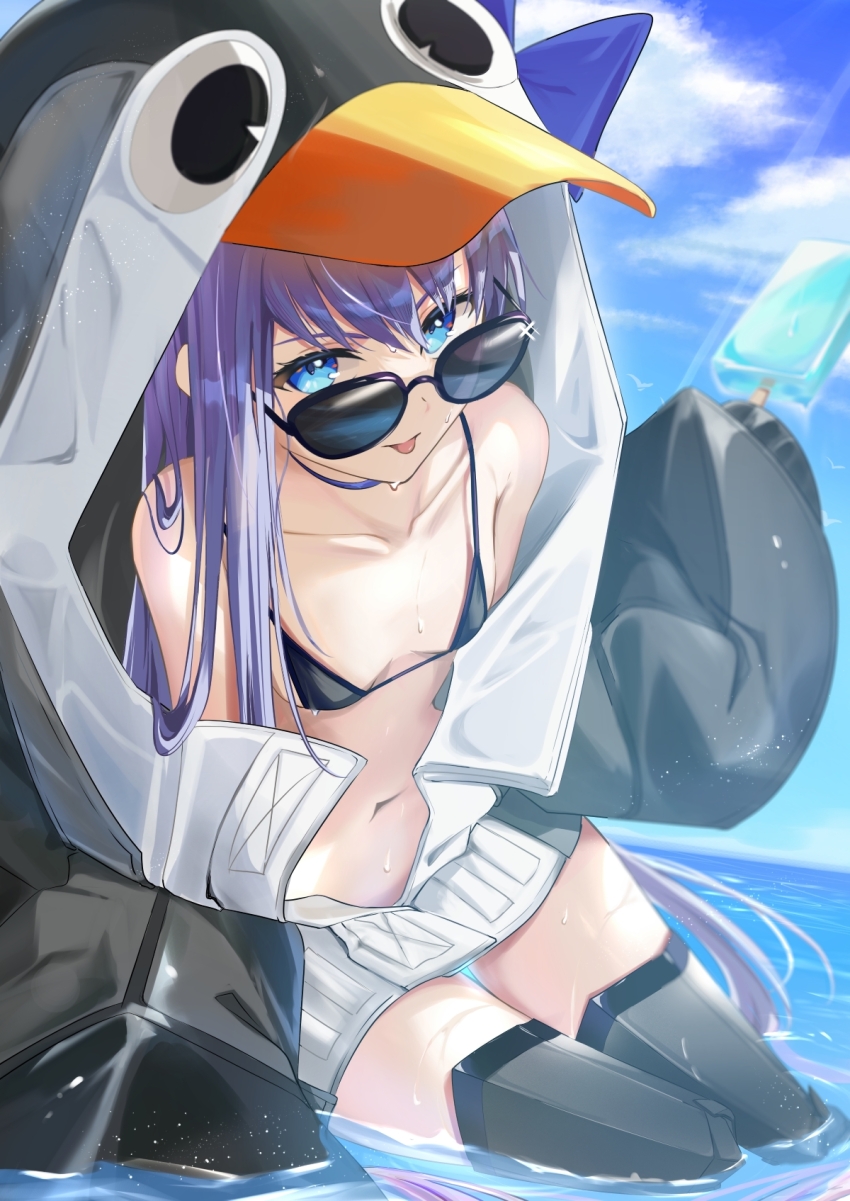 1girl, animal_costume, animal_hood, bikini, bird, black_bikini, black_jacket, blue_bow