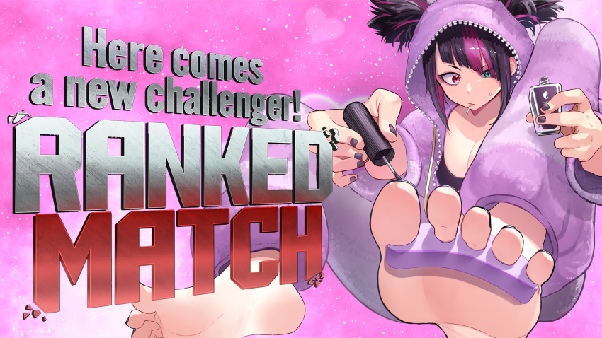 1girl, absurdres, applying_pedicure, barefoot, black_bra, bra, candy, cosmetics