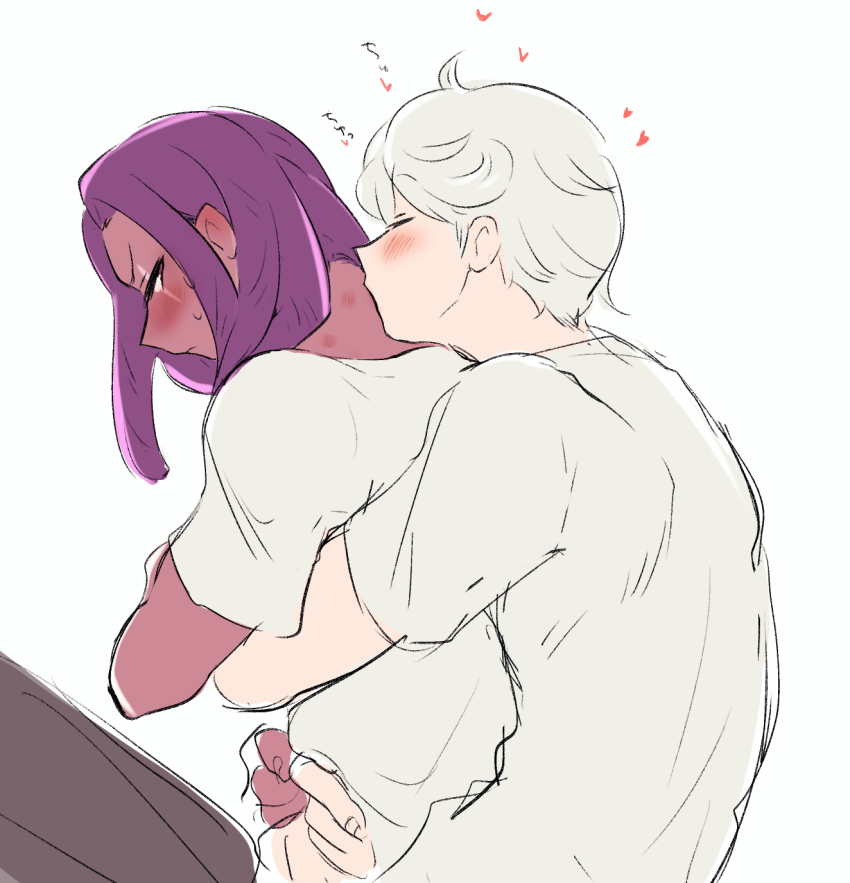 2boys, arms_wrapped_around_partner, behind_another, blush, closed_eyes, colored_skin, cookie_run, curly_hair