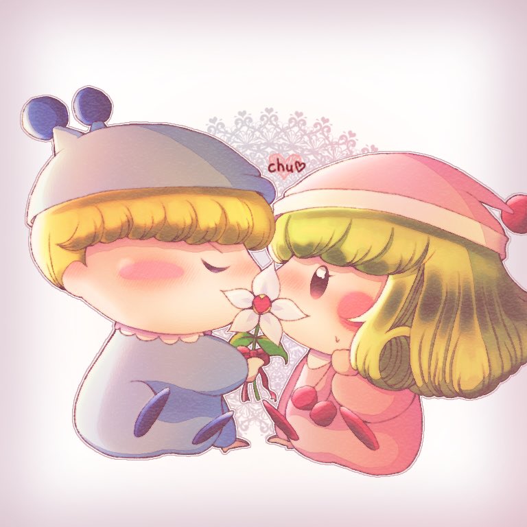 1boy, 1girl, blonde_hair, blue_hat, blue_pajamas, blush, blush_stickers, closed_eyes