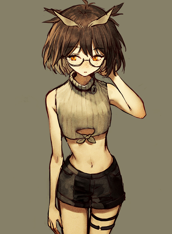 1girl, animal_ears, arknights, bare_shoulders, belt, bird_ears, black-framed_eyewear, black_belt