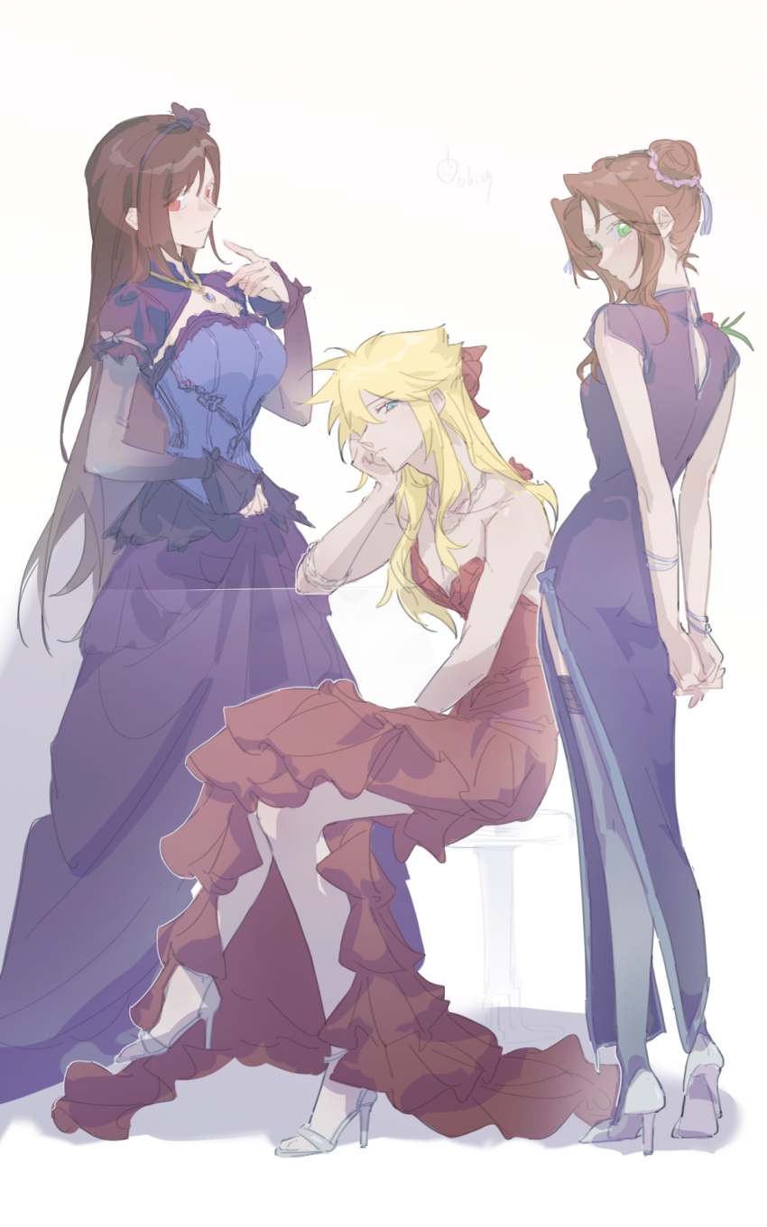 1boy, 2girls, aerith_gainsborough, aerith_gainsborough_(cosplay), aerith_gainsborough_(red_dress), alternate_hairstyle, black_hair, blonde_hair, bracelet, breasts, brown_hair, china_dress, chinese_clothes, cleavage, cloud_strife, cloud_strife_(blue_dress), cloud_strife_(cosplay), cosplay, costume_switch, crossdressing, dress, final_fantasy, final_fantasy_vii, final_fantasy_vii_remake, highres, jewelry, lily_(shio1006), long_hair, multiple_girls, sitting, standing, thighhighs, tifa_lockhart, tifa_lockhart_(cosplay), tifa_lockhart_(sporty_dress), trap, wall_market