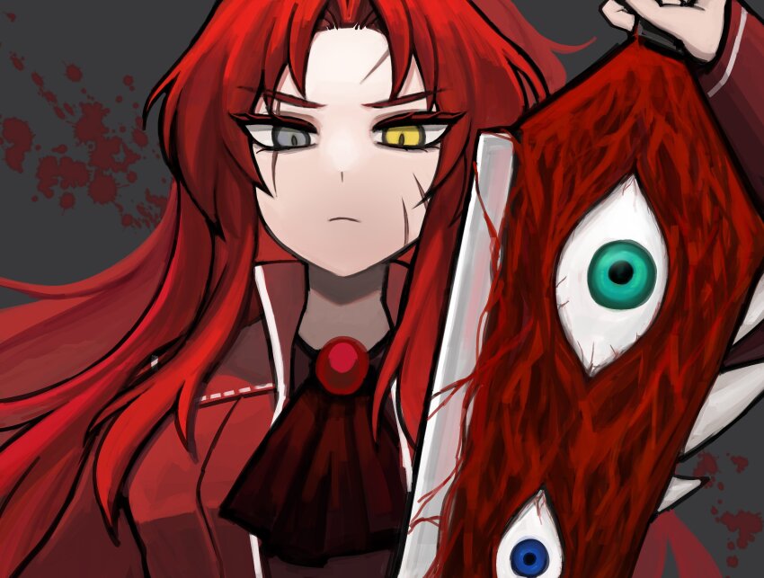 1girl, arm_up, ascot, brooch, coat, e.g.o_(project_moon), gebura_(project_moon), grey_eyes, heterochromia, highres, jewelry, kangrim39, library_of_ruina, long_hair, looking_at_viewer, mimicry_(e.g.o), parted_bangs, project_moon, red_ascot, red_coat, red_hair, solo, very_long_hair, yellow_eyes