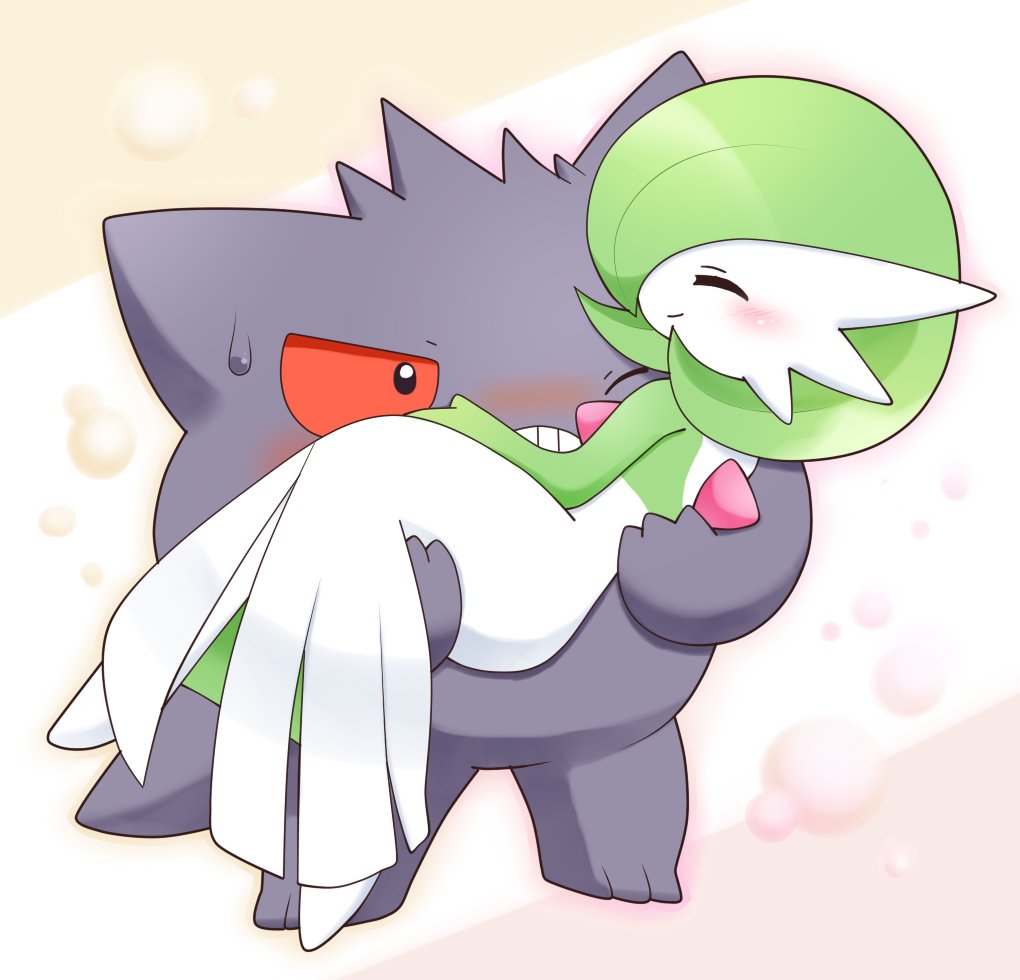 akuasu, blush, bob_cut, carrying, closed_eyes, colored_skin, dress, gardevoir, gen_1_pokemon, gen_3_pokemon, gengar, ghost, green_hair, multicolored_skin, nintendo, no_feet, one_eye_closed, pokemon, pokemon_(creature), princess_carry, red_eyes, smile, sweatdrop, two-tone_skin, white_dress, white_skin