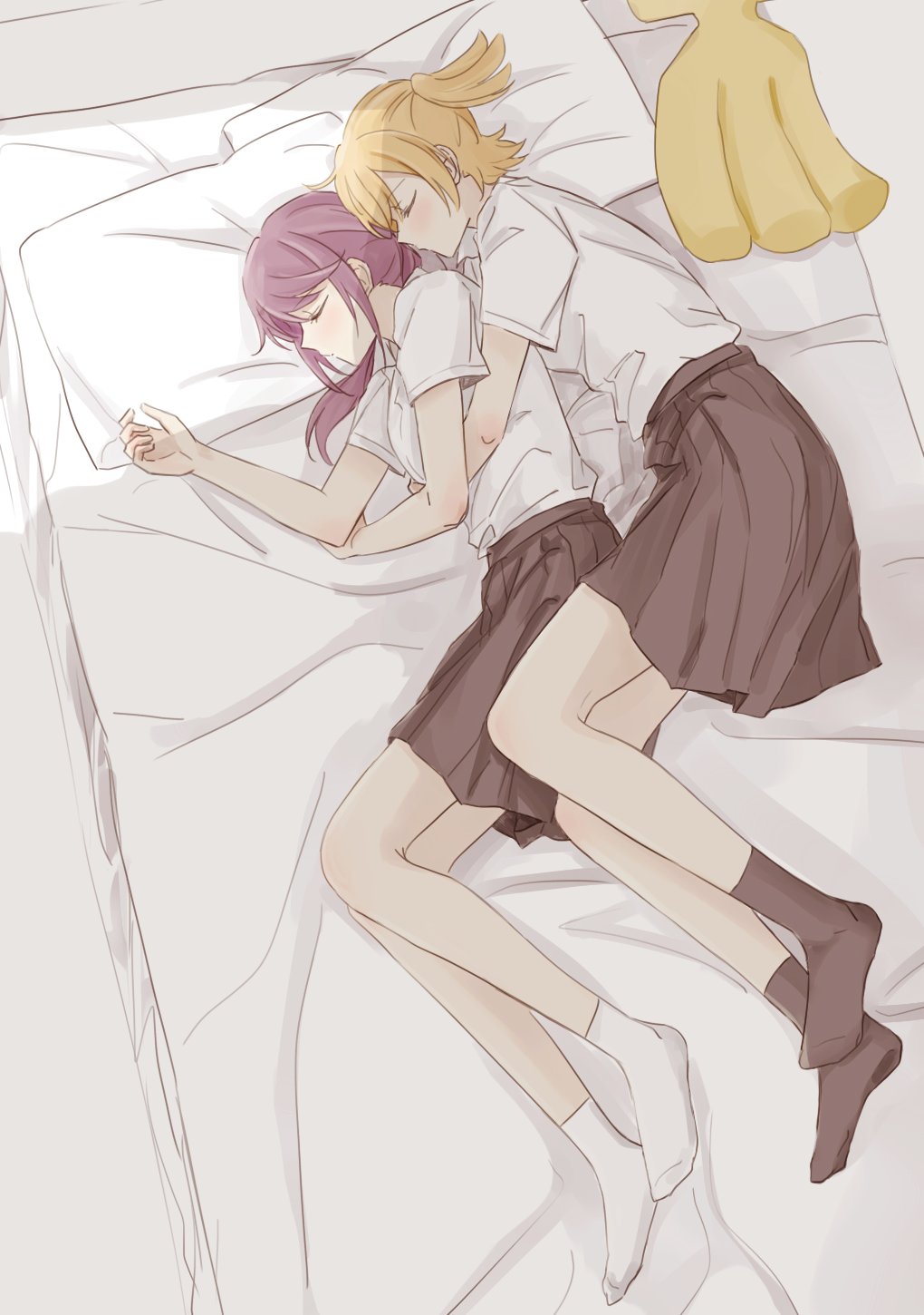 2girls, black_socks, blonde_hair, brown_skirt, closed_eyes, closed_mouth, collared_shirt, cuddling