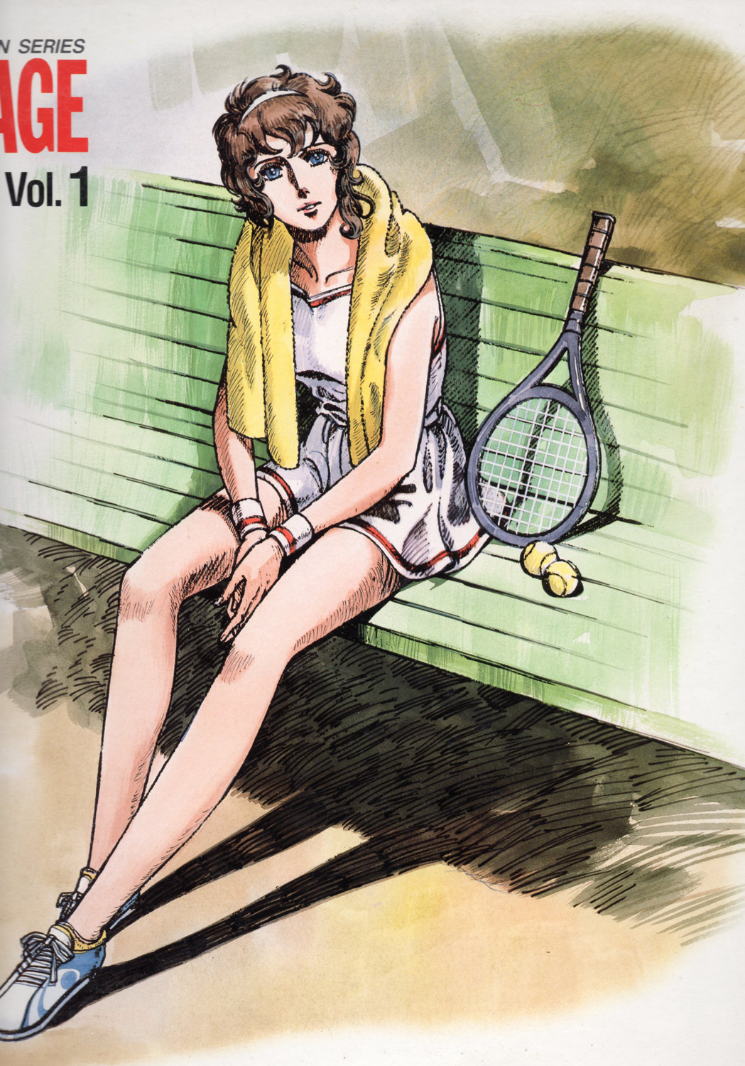 1girl, ace_wo_nerae!, bench, brown_hair, female_focus, highres, legs, official_art