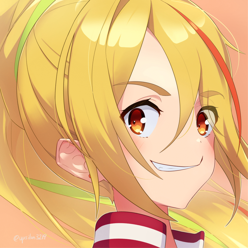 1girl, absurdres, blonde_hair, earrings, green_hair, grin, highres, jewelry