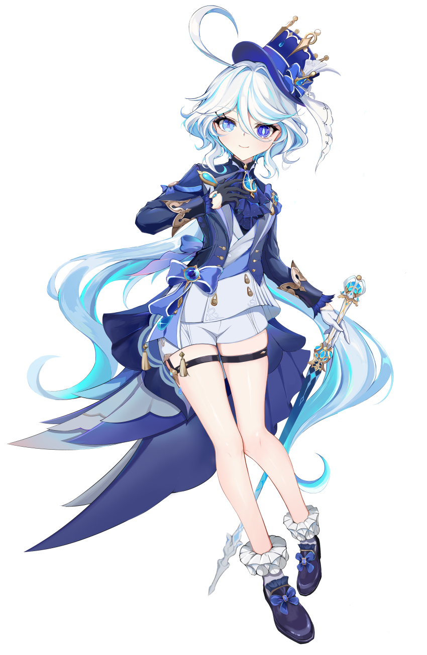 1girl, absurdres, ahoge, ascot, asymmetrical_gloves, black_gloves, blue_ascot, blue_bow, blue_eyes, blue_footwear, blue_gem, blue_hair, blue_hat, blue_jacket, bow, commentary, commentary_request, drop-shaped_pupils, full_body, furina_(genshin_impact), garter_straps, gem, genshin_impact, gloves, hair_between_eyes, hand_on_own_chest, hand_up, hat, hat_bow, heterochromia, highres, holding, holding_sword, holding_weapon, huge_ahoge, iyoi_yoru, jacket, ouji_fashion, light_blue_hair, lolita_fashion, long_sleeves, looking_at_viewer, mismatched_gloves, multicolored_hair, partial_commentary, short_hair_with_long_locks, shorts, simple_background, smile, solo, splendor_of_tranquil_waters_(genshin_impact), streaked_hair, sword, symbol-shaped_pupils, thighs, top_hat, two-tone_hair, weapon, white_background, white_gloves, white_hair, white_shorts