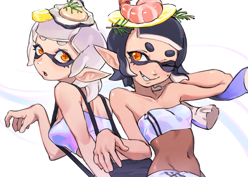 2girls, black_hair, blush, bodystocking, callie_(splatoon), callie_(summer_nights)_(splatoon), collarbone, food, fruit, grin, highres, inkling, lemon, lemon_slice, marie_(splatoon), marie_(summer_nights)_(splatoon), mole, mole_under_eye, multiple_girls, navel, nintendo, official_alternate_costume, one_eye_closed, open_mouth, orange_eyes, orisghost, oyster, shrimp, smile, splatoon_(series), splatoon_3, strapless, suspenders, tentacle_hair, tube_top, upper_body, white_hair