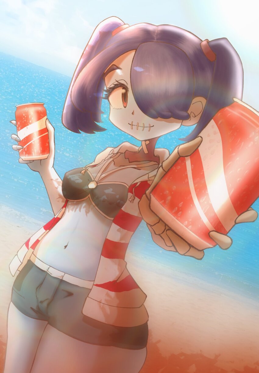 1563ichikorosan, 1girl, alternate_costume, beach, bikini, bikini_top_only, blue_hair, blue_skin