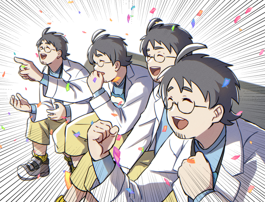 4boys, :d, blue_shirt, clenched_hands, closed_eyes, coat, commentary_request, confetti