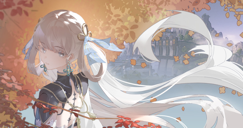 1girl, architecture, autumn_leaves, back, backless_outfit, bare_back, blue_ribbon, blunt_bangs