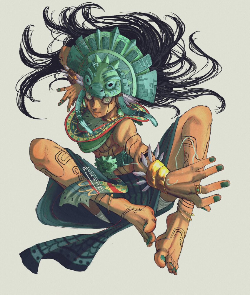 1girl, al_sahim, androgynous, anklet, aqua_hat, arm_between_legs, arm_tattoo, arm_up, artist_name, aztec, aztec_mythology, bangle, barefoot, belt, black_hair, bracelet, breasts, bright_pupils, chest_tattoo, constricted_pupils, covered_erect_nipples, double_jointed, dynamic_pose, earrings, electricity, electrokinesis, facial_mark, floating_earrings, floating_hair, foot_tattoo, foreshortening, full_body, genderswap, gold_choker, green_belt, green_nails, grey_background, hat, high_collar, highres, invisible_chair, jewelry, knees_up, lappet, leg_tattoo, loincloth, long_hair, looking_at_viewer, marking_on_cheek, messy_hair, mole, mole_under_mouth, nail_polish, open_hands, original, outstretched_arm, personification, quetzalcoatl_(mythology), reverse_trap, ring, simple_background, sitting, solo, tattoo, toenail_polish, toenails, topless_female, white_eyes, white_pupils, wide-eyed