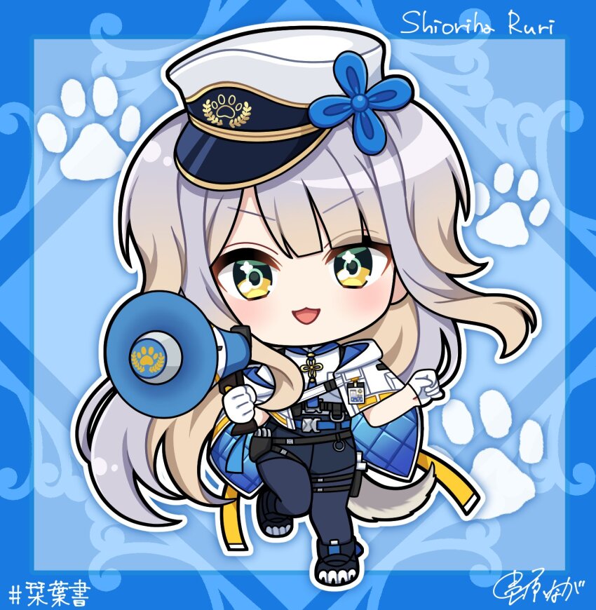 1girl, :3, belt, black_belt, blonde_hair, blue_background, blue_pantyhose, blue_shorts