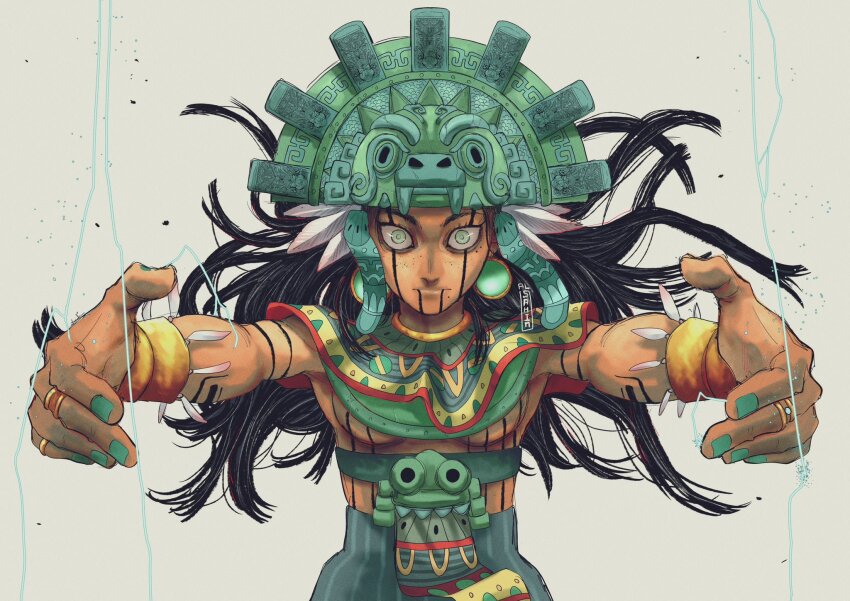 1girl, al_sahim, aqua_hat, aqua_nails, arm_tattoo, aztec, aztec_mythology, bags_under_eyes, black_hair, breasts, capelet, chest_tattoo, closed_mouth, commentary, constricted_pupils, covered_erect_nipples, earrings, electricity, electrokinesis, expressionless, facing_viewer, floating_earrings, floating_hair, foreshortening, freckles, french_commentary, genderswap, grey_eyes, grey_pupils, hat, highres, jewelry, lappet, layered_capelet, long_hair, mole, mole_under_eye, mole_under_mouth, multicolored_capelet, nail_polish, open_hands, original, personification, quetzalcoatl_(mythology), reverse_trap, ring, simple_background, solo, straight-on, tan, tattoo, topless_female, tsurime, upper_body, wide-eyed, wind