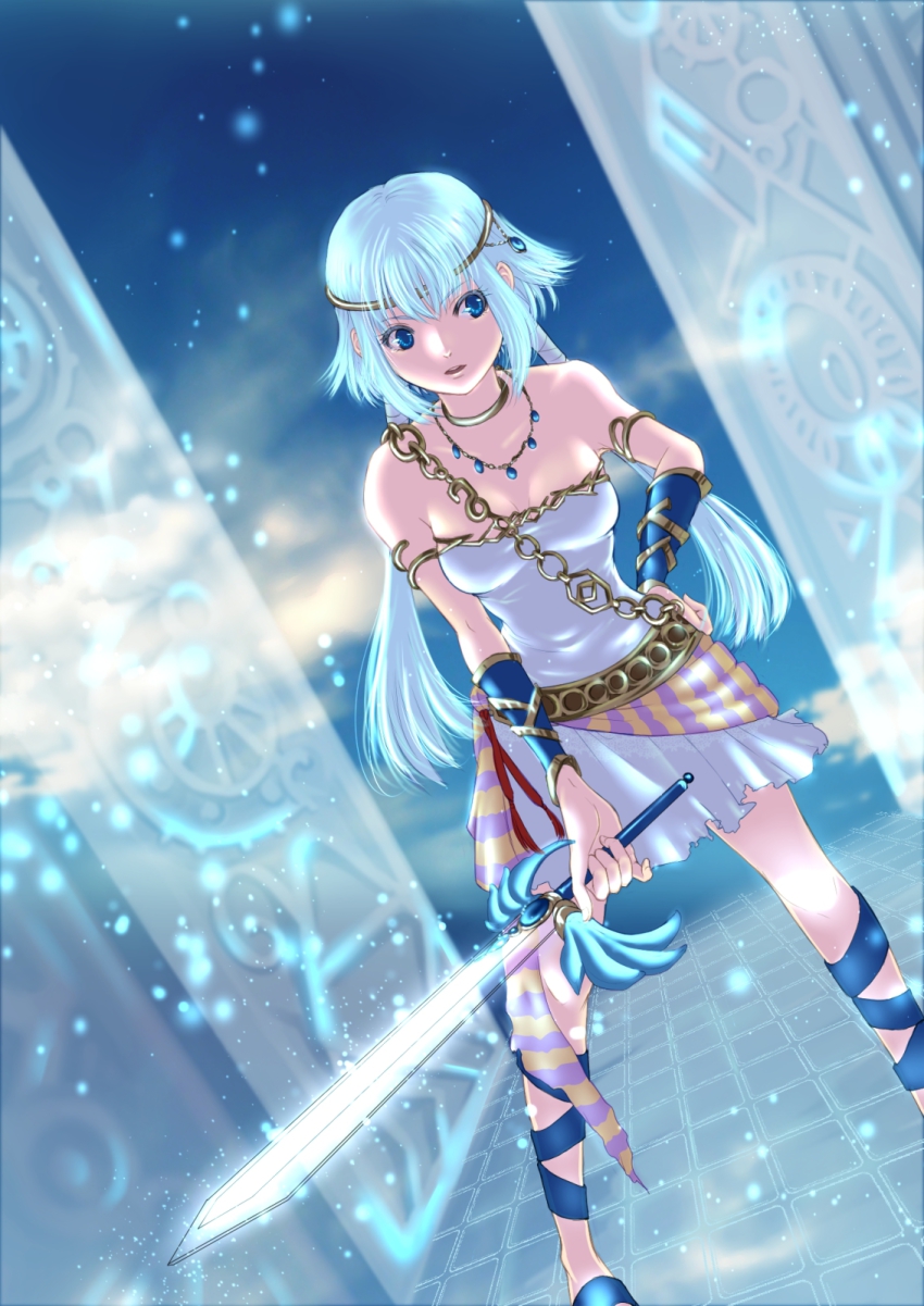 1girl, arm_guards, bad_id, bad_pixiv_id, blue_eyes, blue_hair, chain, dutch_angle