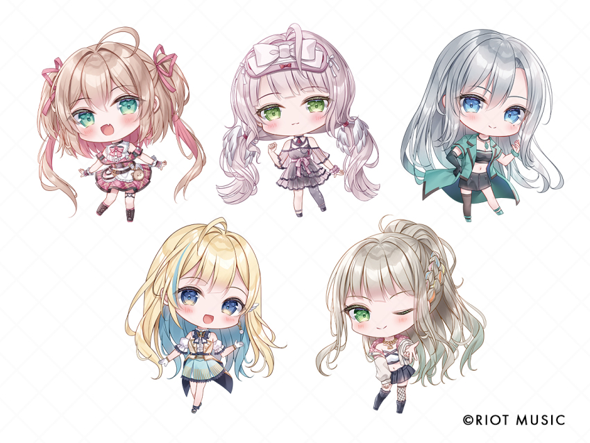 5girls, :d, ;), ahoge, bare_shoulders, black_dress, black_footwear, black_gloves