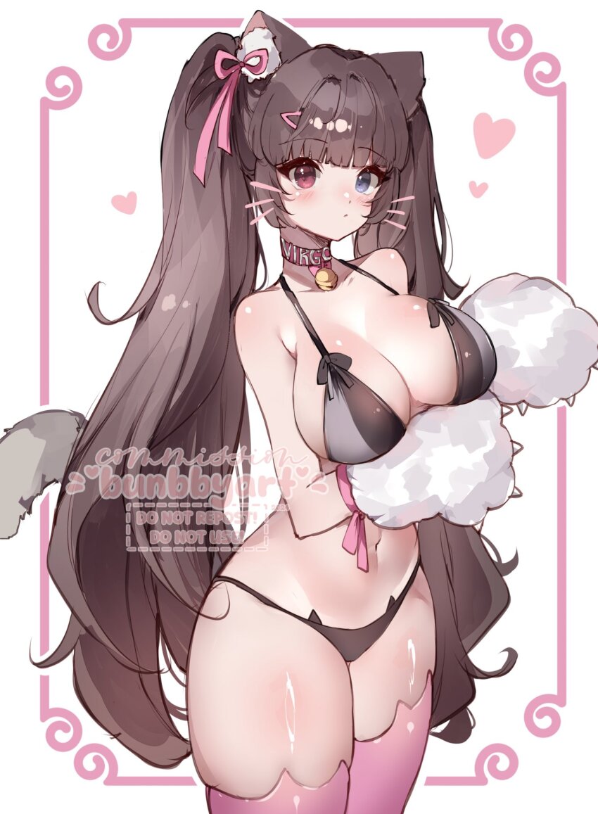 1girl, animal_ears, bikini, black_bikini, blue_eyes, blush, breasts, brown_hair, bunbbyart, cat_ears, cat_girl, cat_tail, cleavage, closed_mouth, detached_collar, drawn_whiskers, gloves, goddess_of_victory:_nikke, grey_bikini, hair_ribbon, heterochromia, highres, large_breasts, multicolored_bikini, navel, neck_bell, nero_(nikke), paw_gloves, pink_eyes, pink_thighhighs, ribbon, solo, swimsuit, tail, thighhighs, two-tone_bikini