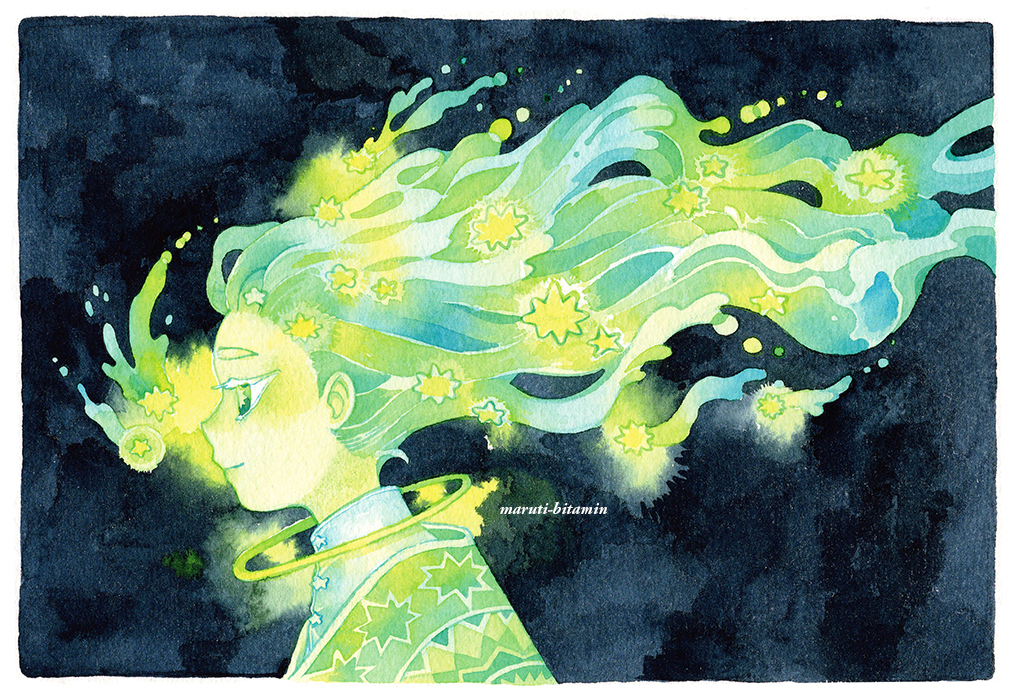 1girl, androgynous, artist_name, blue_background, blue_shirt, border, buttons, closed_mouth, colored_eyelashes, colored_skin, dark_background, floating_hair, glowing, green_eyes, green_hair, green_robe, green_skin, halo, liquid_hair, maruti_bitamin, meteor, original, painting_(medium), robe, shirt, shooting_star, solo, star-shaped_buttons, star_(sky), star_(symbol), star_button, star_in_eye, star_print, symbol_in_eye, traditional_media, water, watercolor_(medium), white_border, white_eyelashes, yellow_halo, yellow_light