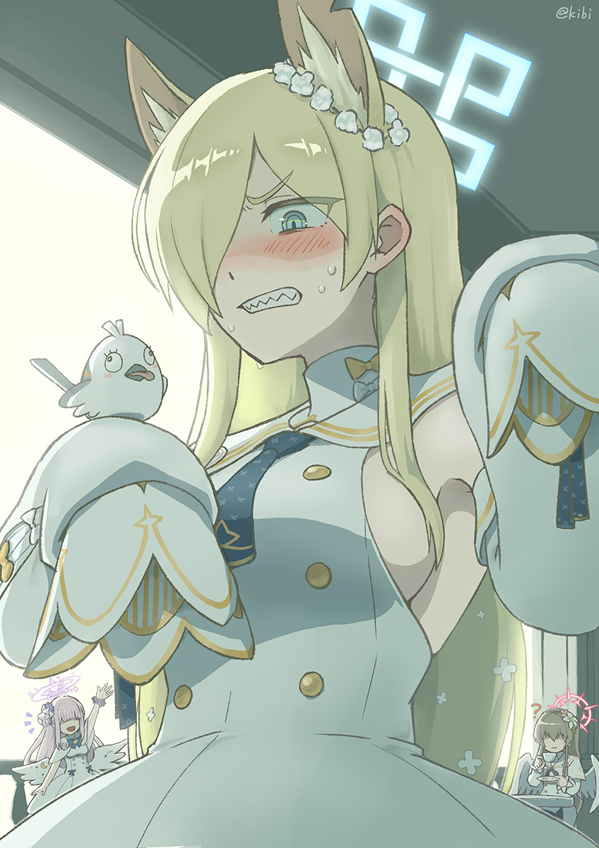 3girls, ?, angel_wings, animal_ear_fluff, animal_ears, aqua_eyes, bird, blonde_hair, blue_archive, blue_halo, breasts, capelet, cosplay, cup, detached_sleeves, dog_ears, dog_girl, dress, embarrassed, extra_ears, feathered_wings, flower_wreath, hair_bun, hair_over_one_eye, halo, hands_up, highres, holding, holding_cup, holding_saucer, kanna_(blue_archive), kibi_(kibi.ibik), light_brown_hair, long_hair, low_wings, mika_(blue_archive), multiple_girls, nagisa_(blue_archive), peroro_(blue_archive), pink_hair, pink_halo, saucer, scrunchie, seia_(blue_archive), seia_(blue_archive)_(cosplay), sharp_teeth, sideboob, single_side_bun, sleeve_bow, sleeves_past_fingers, sleeves_past_wrists, sweat, teeth, white_capelet, white_dress, white_wings, wings, wrist_scrunchie