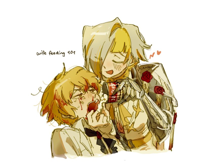 1boy, 1girl, armor, blonde_hair, blood, blood_on_face, formal_clothes, hair_over_one_eye