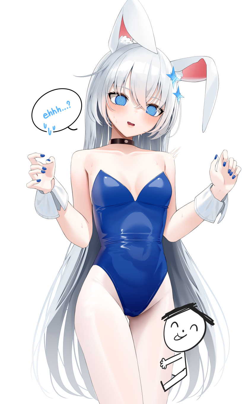 1girl, @_@, absurdres, animal_ear_fluff, animal_ears, bare_shoulders, black_choker, blue_eyes, blue_leotard, blue_nails, blush, breasts, choker, collarbone, crossed_bangs, hair_between_eyes, hair_ornament, highres, leotard, open_mouth, pantyhose, playboy_bunny, rabbit_ears, shirousa_mikumi, small_breasts, speech_bubble, stick_figure, strapless, strapless_leotard, sweat, tongue, tongue_out, vaughnilla, virtual_youtuber, vols, white_pantyhose, white_wrist_cuffs, wrist_cuffs