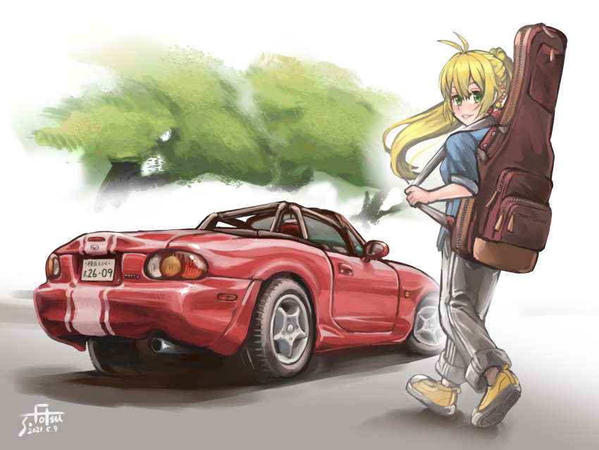 1girl, artist_logo, blonde_hair, blue_jacket, breasts, car, convertible, cowlick