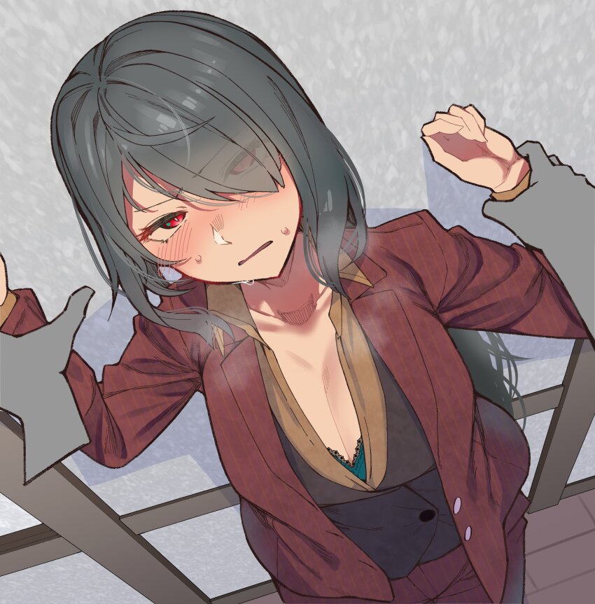 1girl, absurdres, against_wall, black_hair, black_vest, blue_bra, blush, bra