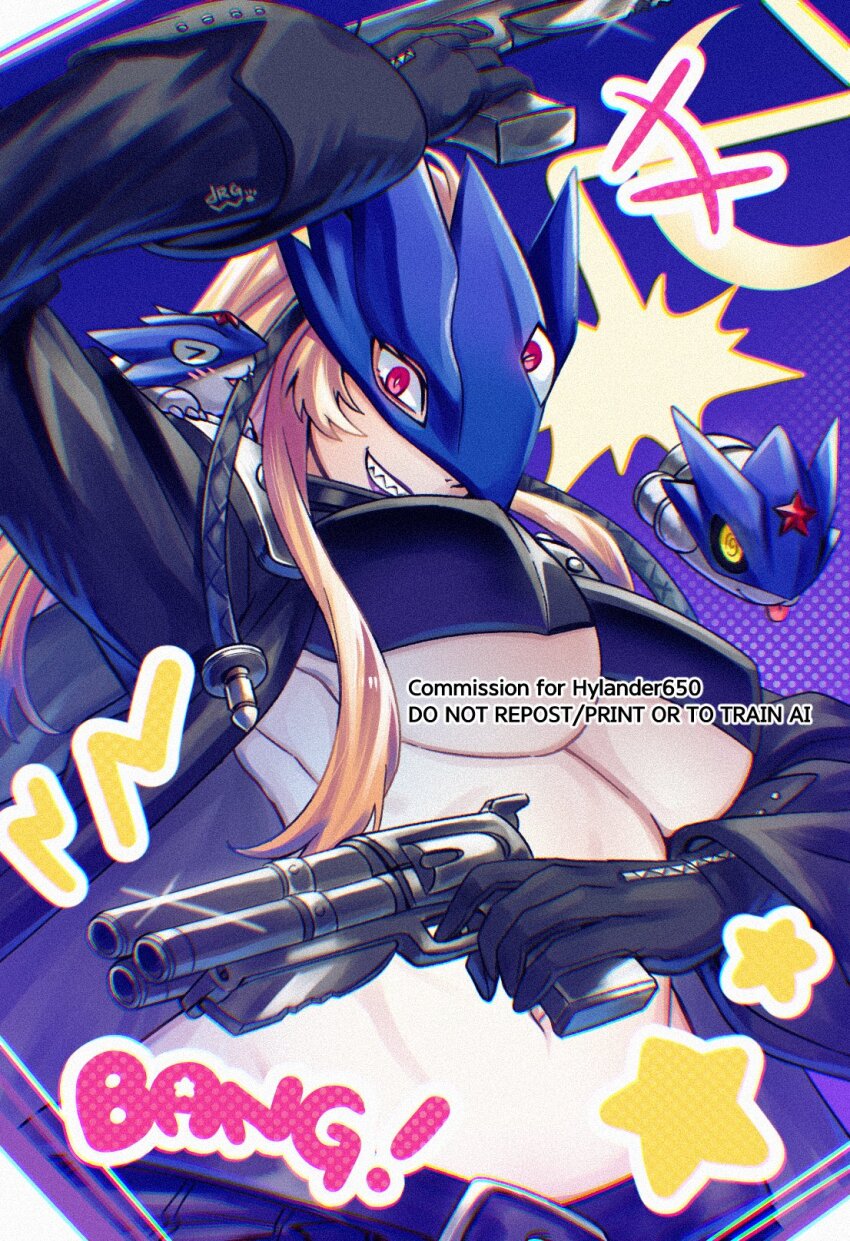 >_<, +++, 1girl, arm_up, beelstarmon, belt, belt_collar, black_gloves, black_jacket, black_mask, black_pants, black_scarf, black_vest, blonde_hair, breasts, collar, commentary, commission, covered_erect_nipples, cowboy_shot, cropped_vest, digimon, digimon_(creature), dragonwilbert, dual_wielding, english_commentary, eye_mask, glint, gloves, grin, gun, highres, holding, holding_weapon, jacket, large_breasts, leather, leather_jacket, leather_pants, lipstick, long_hair, long_sleeves, looking_at_viewer, makeup, mask, multiple-barrel_gun, navel, open_clothes, open_jacket, pants, purple_background, purple_lips, red_eyes, scarf, sharp_teeth, sidelocks, signature, smile, solo_focus, sound_effects, standing, star_(symbol), stomach, teeth, third_eye, tight_clothes, tight_pants, tongue, tongue_out, underboob, vest, weapon