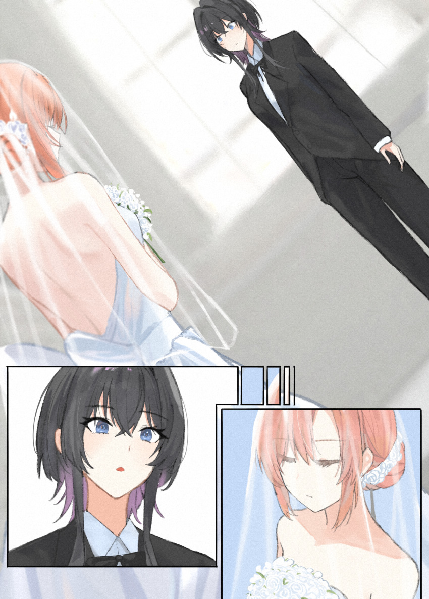 2girls, absurdres, asanagi_yori, black_bow, black_bowtie, black_hair, black_jacket, black_pants