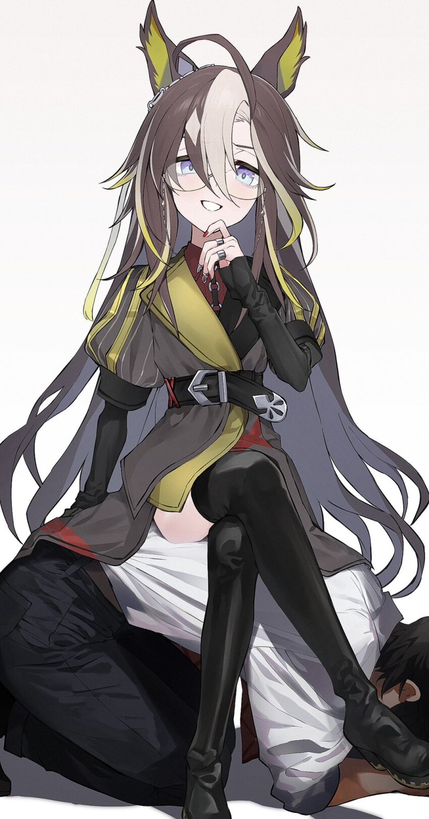 1girl, ahoge, animal_ears, black_boots, blonde_hair, blue_eyes, boots, brown_hair, commentary_request, crossed_legs, dream_journey_(umamusume), ear_ornament, eyewear_strap, glasses, hair_over_one_eye, highres, horse_ears, horse_girl, horse_tail, jewelry, lace, lace_sleeves, long_hair, looking_at_viewer, multicolored_hair, multiple_rings, nail_polish, puffy_sleeves, red_nails, rimless_eyewear, ring, sanomaru_yuruta, short_sleeves, single_hair_intake, solo, tail, thigh_boots, umamusume