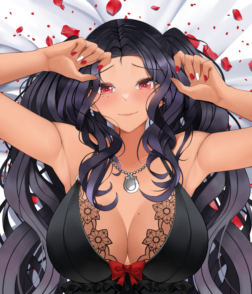 1girl, absurdres, armpits, arms_up, babydoll, bed_sheet, black_babydoll, black_hair, bow, breasts, closed_mouth, collarbone, dark-skinned_female, dark_skin, heart, heart-shaped_pupils, highres, jewelry, landacdeus, large_breasts, long_hair, lying, mole, mole_under_eye, mousepad_(medium), multicolored_nails, necklace, nijisanji, nijisanji_en, on_back, petals, red_bow, red_eyes, red_nails, red_petals, scarle_yonaguni, scarle_yonaguni_(pajamas), solo, symbol-shaped_pupils, twintails, two-tone_nails, upper_body, virtual_youtuber, white_nails