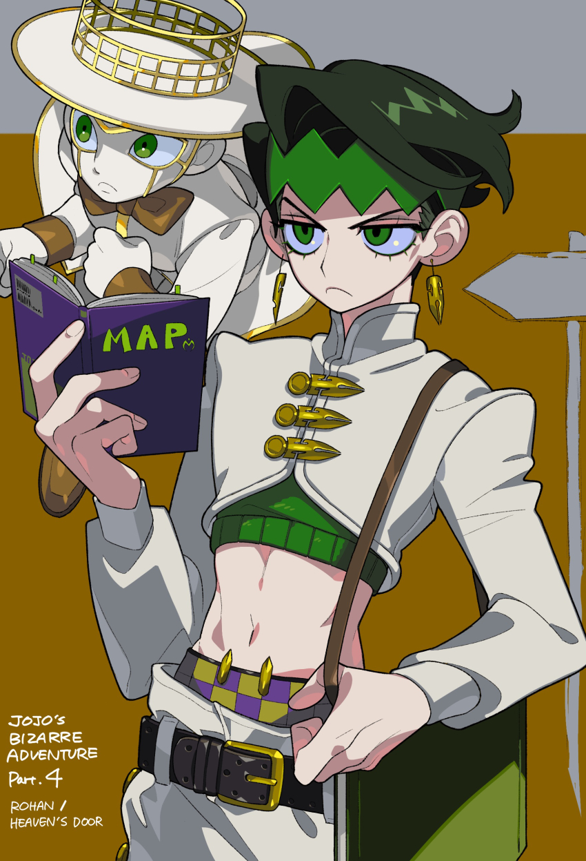 2boys, absurdres, bag, c73an, character_name, closed_mouth, diamond_wa_kudakenai, earrings