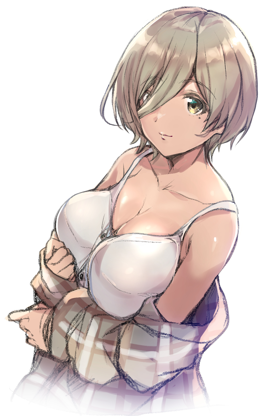 1girl, breasts, cleavage, coat, commentary_request, dark-skinned_female, dark_skin, girls_band_cry