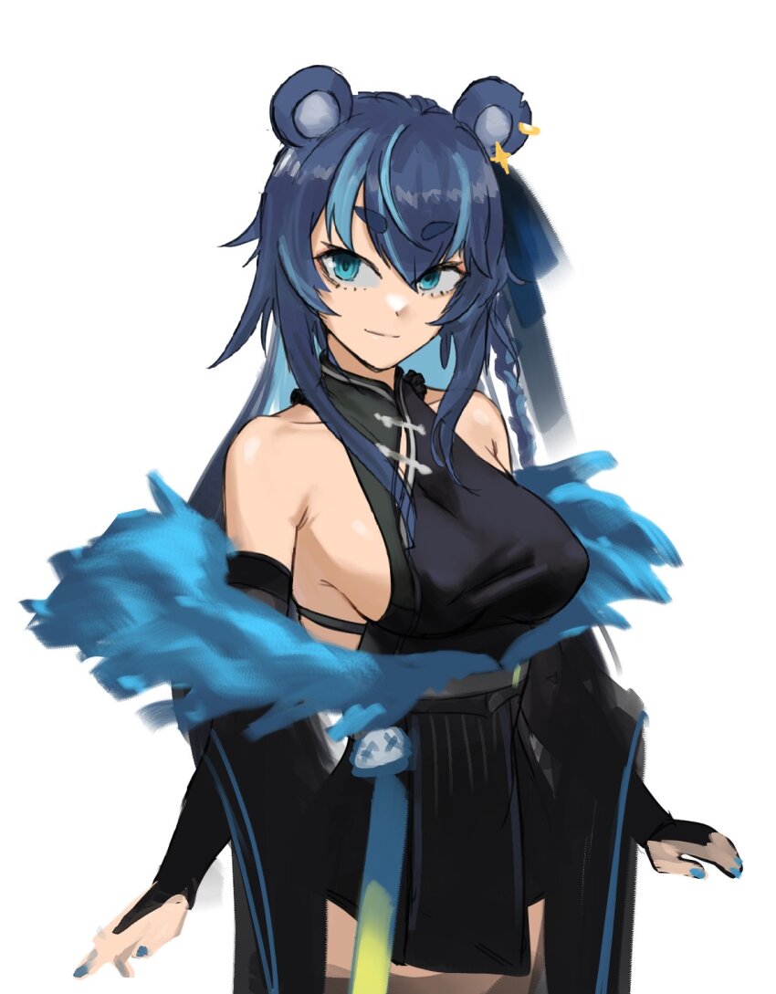 1girl, animal_ears, aqua_shawl, bare_shoulders, bear_ears, bear_girl, black_dress, blue_eyes