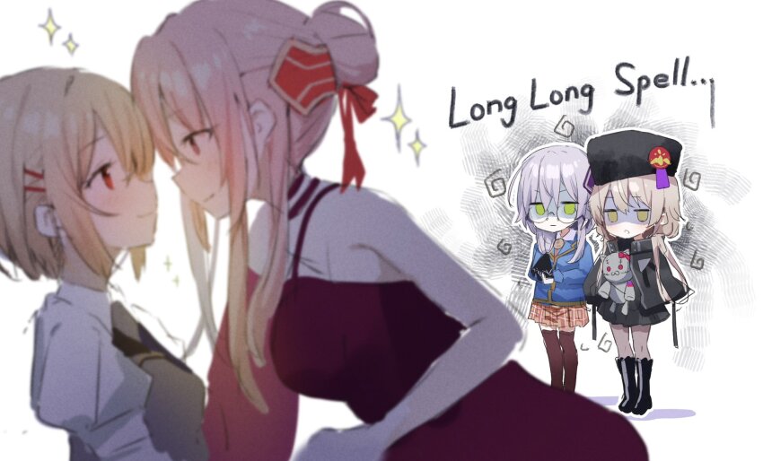 4girls, blonde_hair, breasts, charlotta_skopovskaya, dress, evening_gown, grey_vest, hair_bun